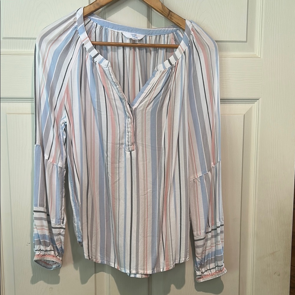 Time and Tru Blue and Pink Cuffed Sleeve Blouse